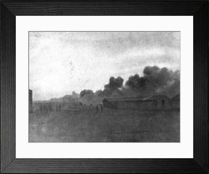 Framed Print : The Dark Hours of Italy; Fire in aviation hangars, October 25, before the arrival.. 1917. Creator: Unknown Framed Print : The Dark Hours of Italy; Fire in aviation hangars, October 25, before the arrival.. 1917. Creator: Unknown