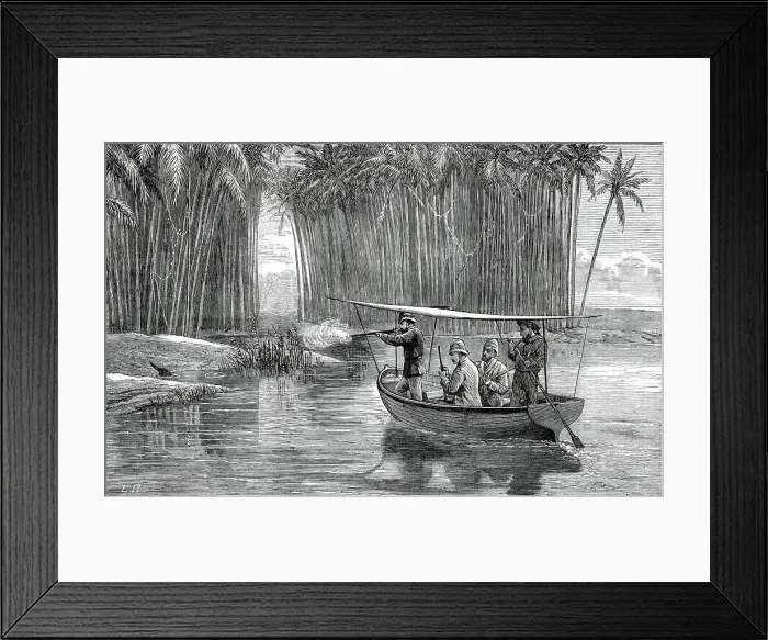 Framed Print : The Prince of Wales shooting otters at Beypore, from a sketch by an officer of the Serapis, 1876. Creator: L.B Framed Print : The Prince of Wales shooting otters at Beypore, from a sketch by an officer of the Serapis, 1876. Creator: L.B