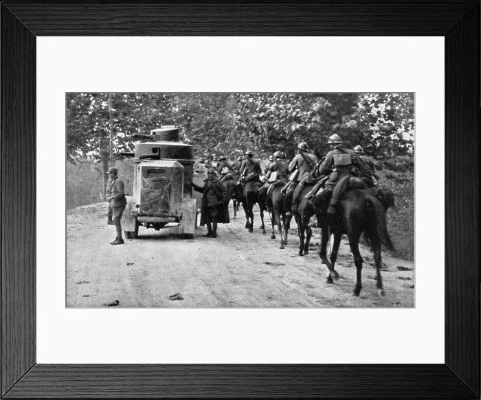 Framed Print : The Dark Hours of Italy; Armored car and cavalry protecting the retreat of a column.. 1917. Creator: Unknown Framed Print : The Dark Hours of Italy; Armored car and cavalry protecting the retreat of a column.. 1917. Creator: Unknown