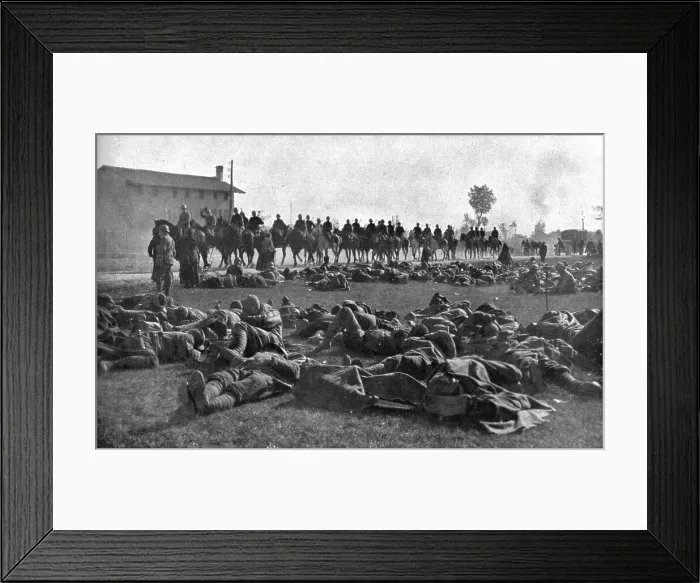 Framed Print : The Dark Hours of Italy; Detachment of infantry, exhausted, resting under protection... 1917. Creator: Unknown Framed Print : The Dark Hours of Italy; Detachment of infantry, exhausted, resting under protection... 1917. Creator: Unknown
