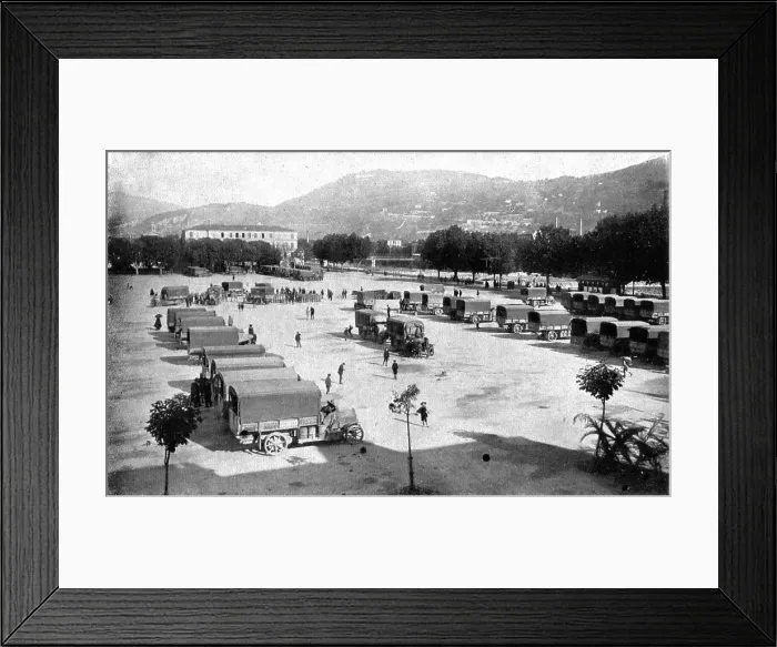 Framed Print : Inter-allied Support; Assembling, on the Place d'Armes in Nice, automobile trucks... 1917. Creator: Pelanda Framed Print : Inter-allied Support; Assembling, on the Place d'Armes in Nice, automobile trucks... 1917. Creator: Pelanda