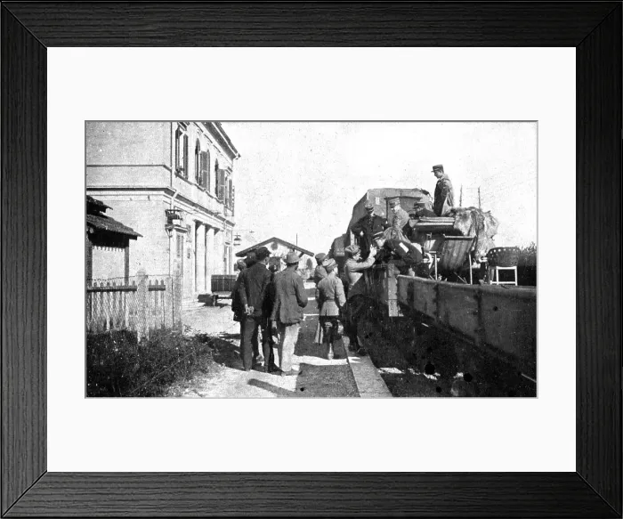 Framed Print : Inter-allied Support; A stop on the journey: an Italian officer offers a light.. 1917. Creator: Pelanda Framed Print : Inter-allied Support; A stop on the journey: an Italian officer offers a light.. 1917. Creator: Pelanda