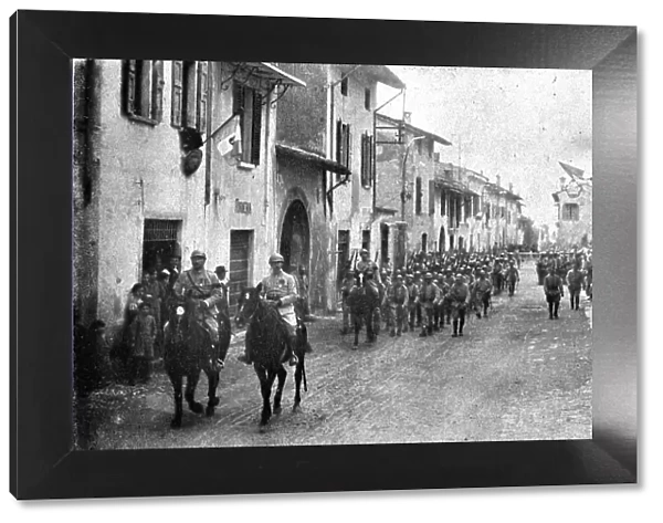 Inter-allied Support; Arrival of a French regiment into an Italian town, 1917. Creator: Pelanda