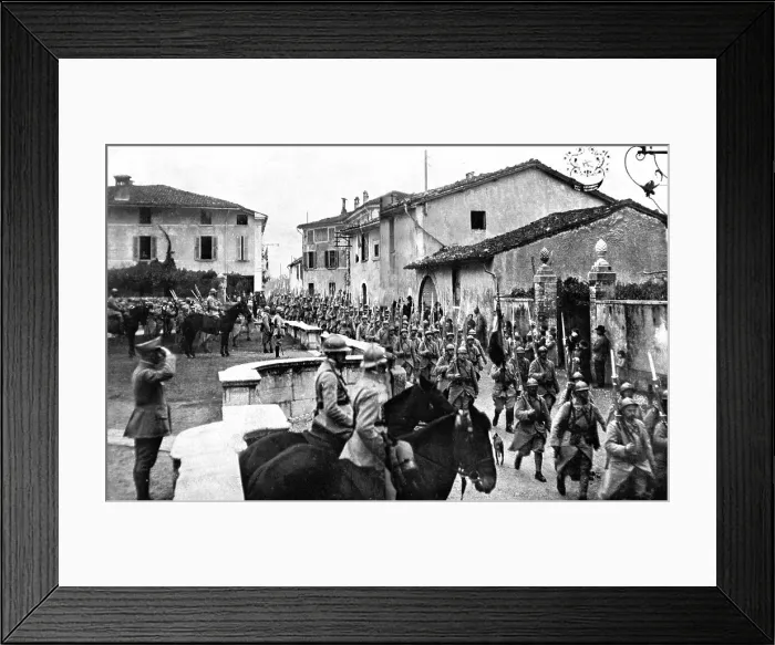 Framed Print : Arrival of French troops in Italy; On entering the village where they are posted.. 1917 Creator: Unknown Framed Print : Arrival of French troops in Italy; On entering the village where they are posted.. 1917 Creator: Unknown