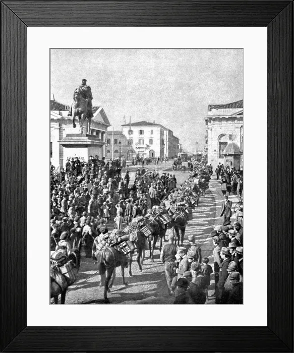 Framed Print : French Troops in Italy; In Brescia: a machine gun unit march past the Garibaldi... 1917. Creator: Unknown Framed Print : French Troops in Italy; In Brescia: a machine gun unit march past the Garibaldi... 1917. Creator: Unknown