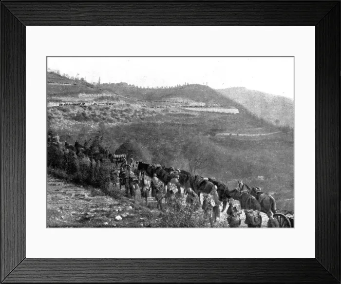 Framed Print : The Italians turn things around; French aid: crossing a pass, on a newly constructed.. 1917. Creator: Unknown Framed Print : The Italians turn things around; French aid: crossing a pass, on a newly constructed.. 1917. Creator: Unknown