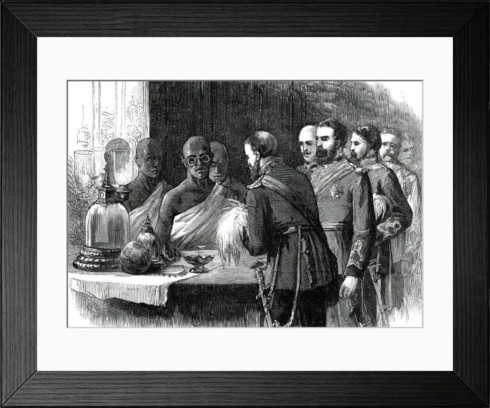 Framed Print : The Prince inspecting the Sacred Tooth, Kandy, from a sketch by one of our special artists, 1876. Creator: Unknown Framed Print : The Prince inspecting the Sacred Tooth, Kandy, from a sketch by one of our special artists, 1876. Creator: Unknown