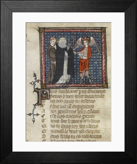 Framed Print : Priests and winged figure, mid 14th century. Creator: Unknown Framed Print : Priests and winged figure, mid 14th century. Creator: Unknown