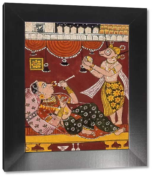 Harinaigameshin Brings the Embryo of Jina Mahavira to Queen Trishala... Mid-17th century. Creator: Unknown