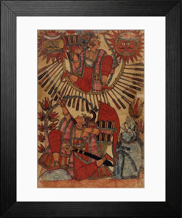 Framed Print : Vrishaketu Shoots Babhruvahana into the Air on a Circle of Arrows (recto)... c1850. Creator: Unknown Framed Print : Vrishaketu Shoots Babhruvahana into the Air on a Circle of Arrows (recto)... c1850. Creator: Unknown