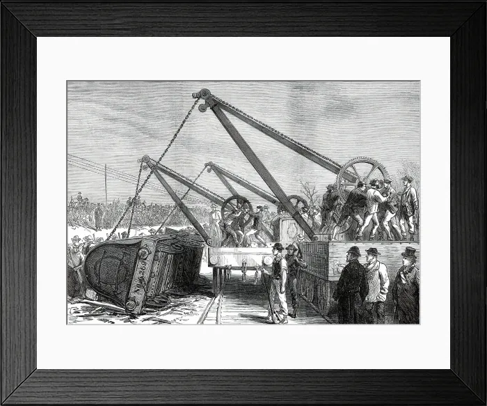 Framed Print : The Railway Accident at Abbotts Ripton, Huntingdon: raising an engine from the wrecked train, 1876. Creator: Unknown Framed Print : The Railway Accident at Abbotts Ripton, Huntingdon: raising an engine from the wrecked train, 1876. Creator: Unknown