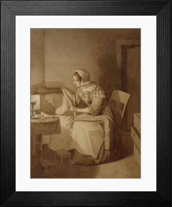 Framed Print : Woman Beside Bed of Sick Chid, 1840-1850. Creator: August Hunger