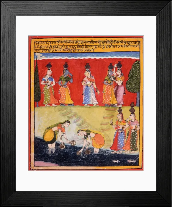 Framed Print : Milkmaids on the Riverbank, Folio from a Rasikapriya (The Connoisseur's Delights), c1650. Creator: Unknown Framed Print : Milkmaids on the Riverbank, Folio from a Rasikapriya (The Connoisseur's Delights), c1650. Creator: Unknown
