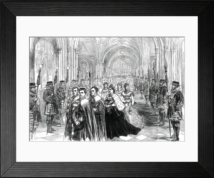 Framed Print : The Queen Opening Parliament: Procession in the Peers Corridor, 1876. Creator: Unknown Framed Print : The Queen Opening Parliament: Procession in the Peers Corridor, 1876. Creator: Unknown