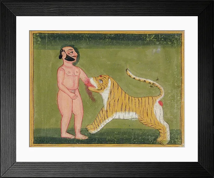 Framed Print : Man Bitten on Arm by Tiger (verso), 19th century. Creator: Unknown Framed Print : Man Bitten on Arm by Tiger (verso), 19th century. Creator: Unknown