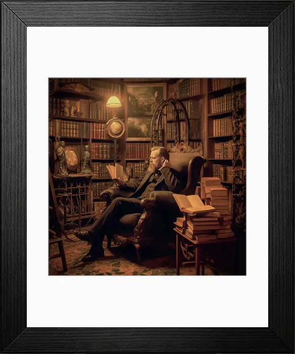 Framed Print : AI IMAGE - Bram Stoker reading in a Victorian library, 1890s, (2023). Creator: Heritage Images Framed Print : AI IMAGE - Bram Stoker reading in a Victorian library, 1890s, (2023). Creator: Heritage Images