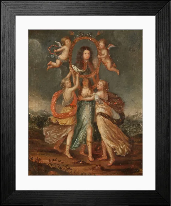 Framed Print : Three Allegorical Figures Bearing the Portrait of Karl XI of Sweden, c17th century. Creator: David Klocker Ehrenstrahl Framed Print : Three Allegorical Figures Bearing the Portrait of Karl XI of Sweden, c17th century. Creator: David Klocker Ehrenstrahl