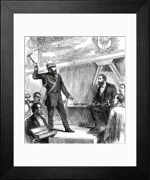 Framed Print : The Prince of Wales riveting the last bolt of the Alexandra Railway Bridge in the Punjaub...1876. Creator: Unknown Framed Print : The Prince of Wales riveting the last bolt of the Alexandra Railway Bridge in the Punjaub...1876. Creator: Unknown
