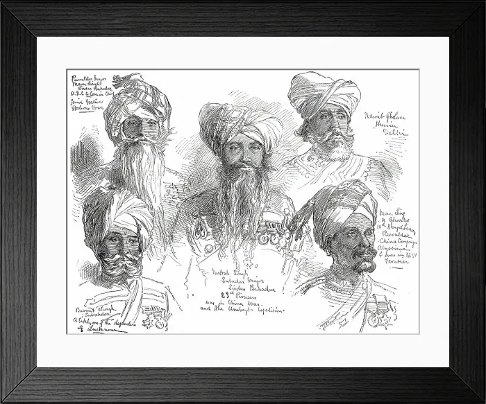 Framed Print : The Prince of Wales in India: native soldiers distinguished for their services, 1876. Creator: William Simpson