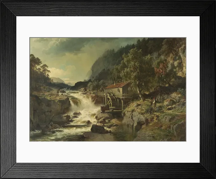 Framed Print : Rocky Landscape with Waterfall and Watermill, Småland, 1862. Creator: Johan Edvard Bergh