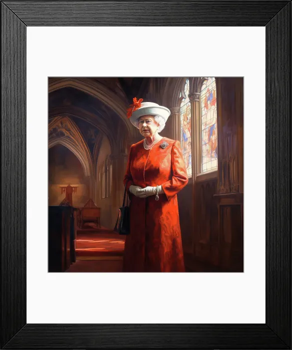Framed Print : AI IMAGE - Portrait of Queen Elizabeth II inside a church, 2000s, (2023). Creator: Heritage Images Framed Print : AI IMAGE - Portrait of Queen Elizabeth II inside a church, 2000s, (2023). Creator: Heritage Images