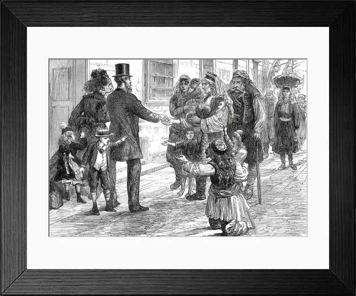 Framed Print : The War in the Herzegovina: Refugees begging outside an hotel at Ragusa, 1876. Creator: Unknown Framed Print : The War in the Herzegovina: Refugees begging outside an hotel at Ragusa, 1876. Creator: Unknown