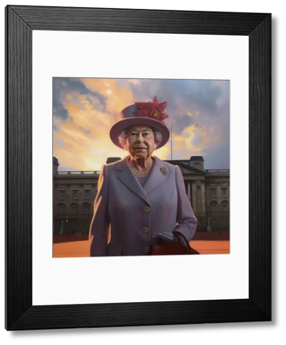 Framed Print : AI IMAGE - Portrait of Queen Elizabeth II in front of Buckingham Palace, 2000s, (2023). Creator: Heritage Images Framed Print : AI IMAGE - Portrait of Queen Elizabeth II in front of Buckingham Palace, 2000s, (2023). Creator: Heritage Images