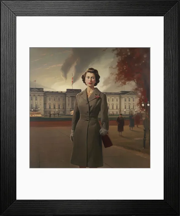 Framed Print : AI IMAGE - Portrait of Princess Elizabeth in front of Buckingham Palace, 1950s, (2023). Creator: Heritage Images Framed Print : AI IMAGE - Portrait of Princess Elizabeth in front of Buckingham Palace, 1950s, (2023). Creator: Heritage Images