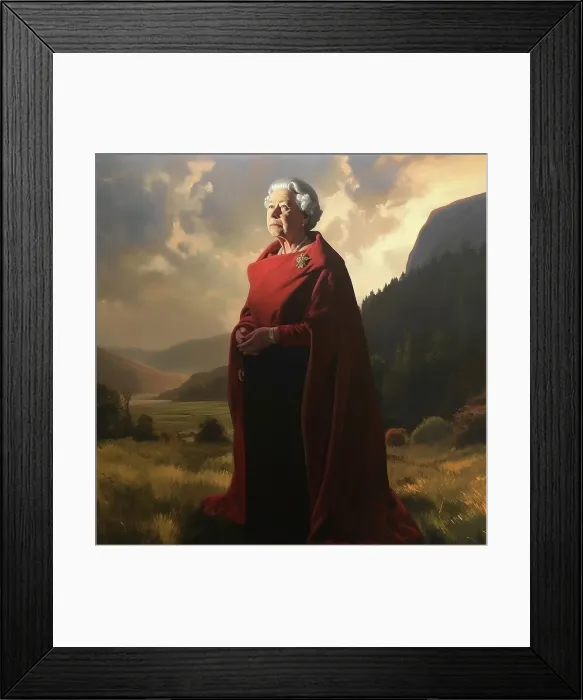 Framed Print : AI IMAGE - Portrait of Queen Elizabeth II in a Highland setting, 2000s, (2023). Creator: Heritage Images Framed Print : AI IMAGE - Portrait of Queen Elizabeth II in a Highland setting, 2000s, (2023). Creator: Heritage Images