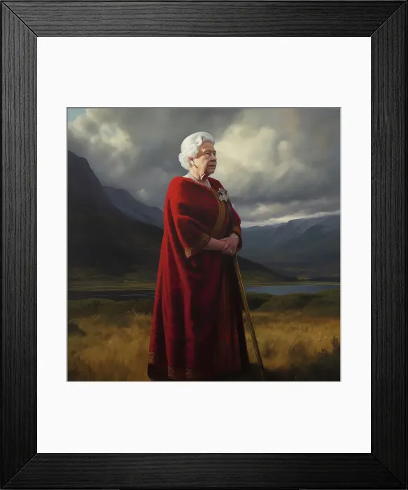 Framed Print : AI IMAGE - Portrait of Queen Elizabeth II in a Highland setting, 2000s, (2023). Creator: Heritage Images Framed Print : AI IMAGE - Portrait of Queen Elizabeth II in a Highland setting, 2000s, (2023). Creator: Heritage Images