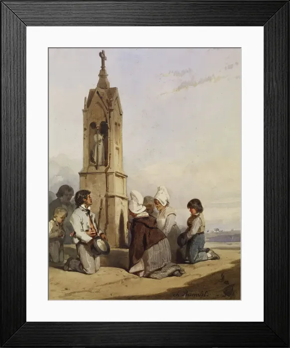 Framed Print : Peasants Kneeling Before Shrine, c1840. Creator: Charles Ramelet Framed Print : Peasants Kneeling Before Shrine, c1840. Creator: Charles Ramelet