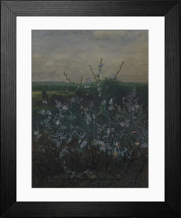Framed Print : Wild Chicory in front of a Landscape, 1864. Creator: Leon Bonvin Framed Print : Wild Chicory in front of a Landscape, 1864. Creator: Leon Bonvin
