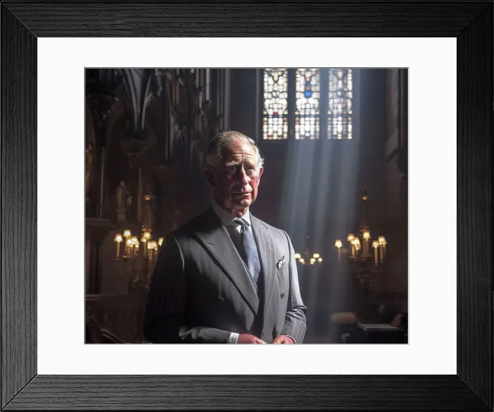 Framed Print : AI IMAGE - Portrait of King Charles III inside a church, 2023. Creator: Heritage Images Framed Print : AI IMAGE - Portrait of King Charles III inside a church, 2023. Creator: Heritage Images