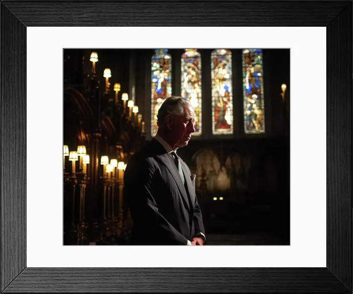 Framed Print : AI IMAGE - Portrait of King Charles III inside a church, 2023. Creator: Heritage Images