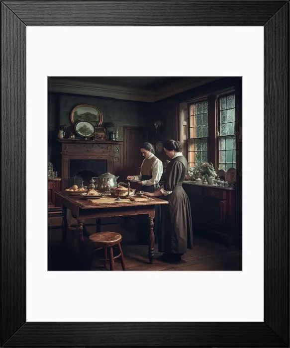 Framed Print : AI IMAGE - Victorian period kitchen with housekeeper and maid, 2023. Creator: Heritage Images Framed Print : AI IMAGE - Victorian period kitchen with housekeeper and maid, 2023. Creator: Heritage Images