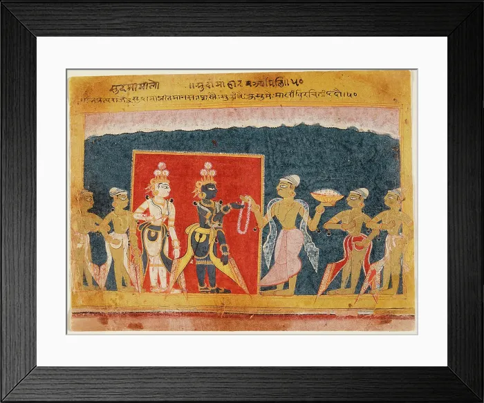 Framed Print : Sudama Offers a Garland to Krishna, Folio from a Bhagavata Purana... between 1550 and 1575. Creator: Unknown Framed Print : Sudama Offers a Garland to Krishna, Folio from a Bhagavata Purana... between 1550 and 1575. Creator: Unknown