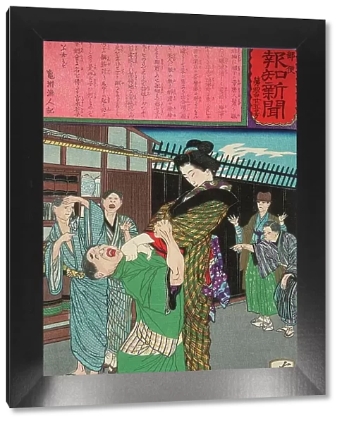 Miyamoto Hanako Chastening a Drunkard, 1875. Creator: Tsukioka Yoshitoshi