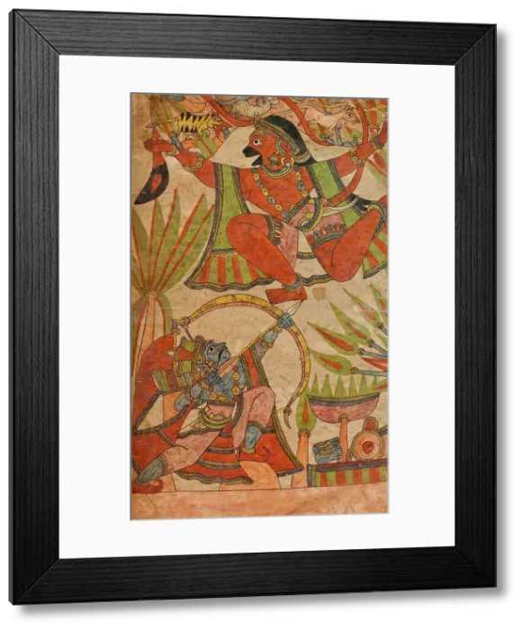 Framed Print : Bharata Shoots at Hanuman as He Flies Over with the Medicinal Herbs (recto)... c1850. Creator: Unknown Framed Print : Bharata Shoots at Hanuman as He Flies Over with the Medicinal Herbs (recto)... c1850. Creator: Unknown