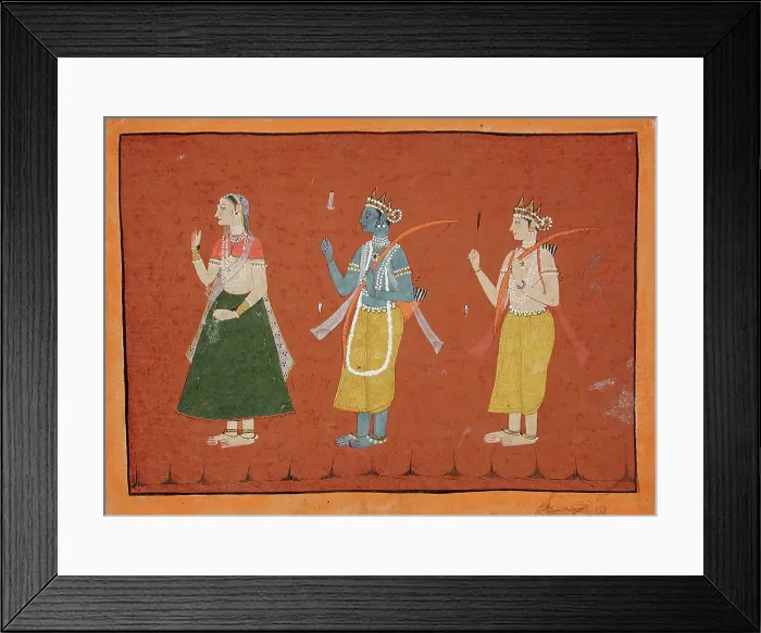 Framed Print : Rama, Sita, and Lakshmana, Folio from a Ramayana, between c1685 and c1690. Creator: Unknown Framed Print : Rama, Sita, and Lakshmana, Folio from a Ramayana, between c1685 and c1690. Creator: Unknown