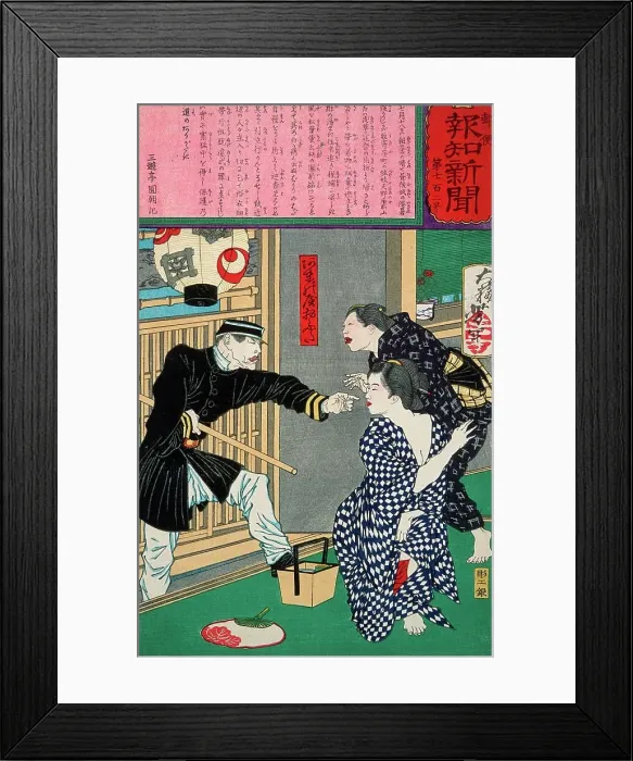 Framed Print : Geisha Ofusa of Amanoya Threatened with Arrest for Indecent Exposure on a Hot Evening, c1875. Creator: Tsukioka Yoshitoshi