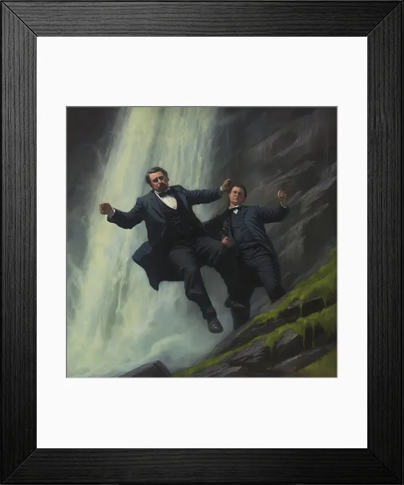 Framed Print : AI IMAGE - Sherlock Holmes and Professor Moriarty fighting on the Reichenbach Falls, 2023. Creator: Heritage Images Framed Print : AI IMAGE - Sherlock Holmes and Professor Moriarty fighting on the Reichenbach Falls, 2023. Creator: Heritage Images