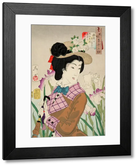 Framed Print : Preparing to Take a Stroll: The Wife of a Nobleman of the Meiji Period, 1888. Creator: Tsukioka Yoshitoshi Framed Print : Preparing to Take a Stroll: The Wife of a Nobleman of the Meiji Period, 1888. Creator: Tsukioka Yoshitoshi