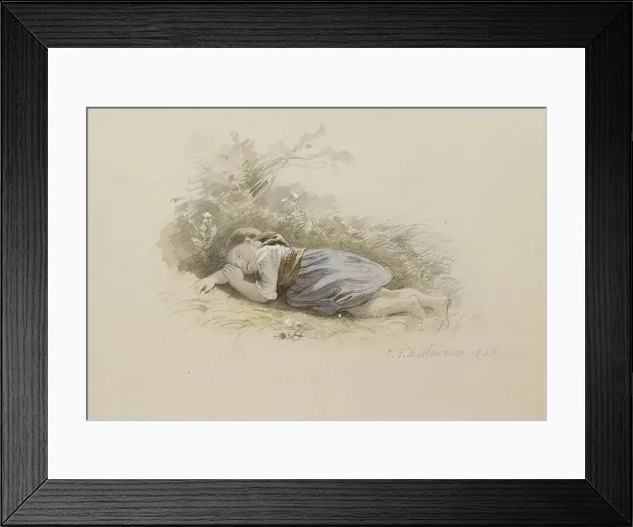 Framed Print : Girl Asleep in the Woods, 1848. Creator: Jakob Dielmann Framed Print : Girl Asleep in the Woods, 1848. Creator: Jakob Dielmann