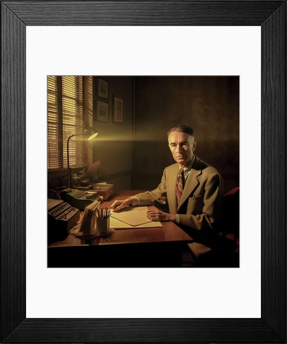 Framed Print : AI IMAGE - Portrait of J. Robert Oppenheimer, 1950s, (2023). Creator: Heritage Images Framed Print : AI IMAGE - Portrait of J. Robert Oppenheimer, 1950s, (2023). Creator: Heritage Images