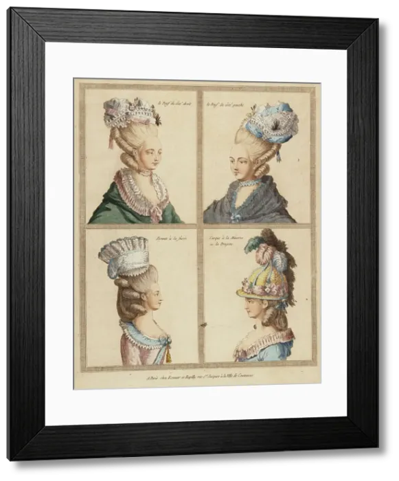 Framed Print : France, Rapilly, 18th Century Print showing Headdresses Engraving, hand-tinted gouach, 18th century. Creator: Unknown Framed Print : France, Rapilly, 18th Century Print showing Headdresses Engraving, hand-tinted gouach, 18th century. Creator: Unknown