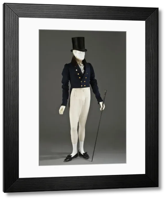 Framed Print : Man's tailcoat, probably England, 1825-1830. Pantaloons: 1825-1850, Stock: c.1830, Top hat: c.1815. Creator: Unknown Framed Print : Man's tailcoat, probably England, 1825-1830. Pantaloons: 1825-1850, Stock: c.1830, Top hat: c.1815. Creator: Unknown