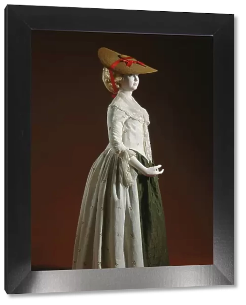 Woman's Robe à l'anglaise ensemble (gown, petticoat, fichu); hat; and shoes, Robe: 1780-1790. Creator: Unknown