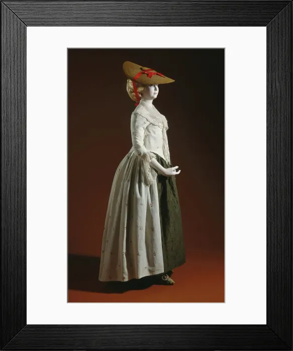 Framed Print : Woman's Robe à l'anglaise ensemble (gown, petticoat, fichu); hat; and shoes, Robe: 1780-1790. Creator: Unknown Framed Print : Woman's Robe à l'anglaise ensemble (gown, petticoat, fichu); hat; and shoes, Robe: 1780-1790. Creator: Unknown