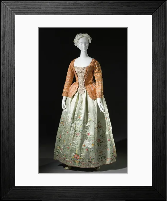 Framed Print : Woman's striped silk sack-back jacket (caraco), Europe, c.1760, altered c.1780. Petticoat: c.1785. Creator: Unknown Framed Print : Woman's striped silk sack-back jacket (caraco), Europe, c.1760, altered c.1780. Petticoat: c.1785. Creator: Unknown