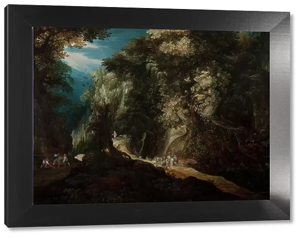 Wooded Mountain Landscape with Waterfall and Travellers, first half of 17th century. Creator: Gysbrecht Leytens